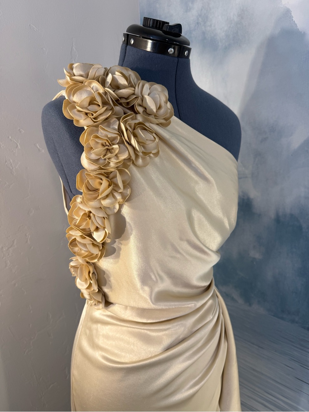 One-Shoulder Champagne Satin Evening Gown with Floral Accent #396 - Picture 3 of 13